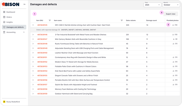 Supplier portal damages and returns page