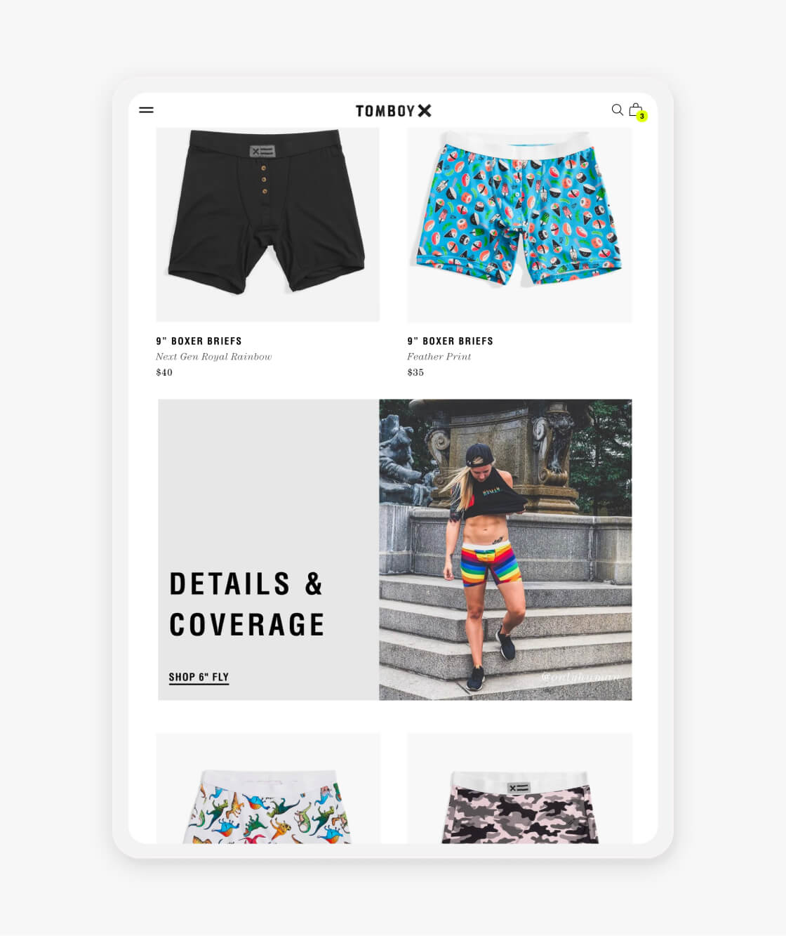 tomboy x website product collection on a tablet