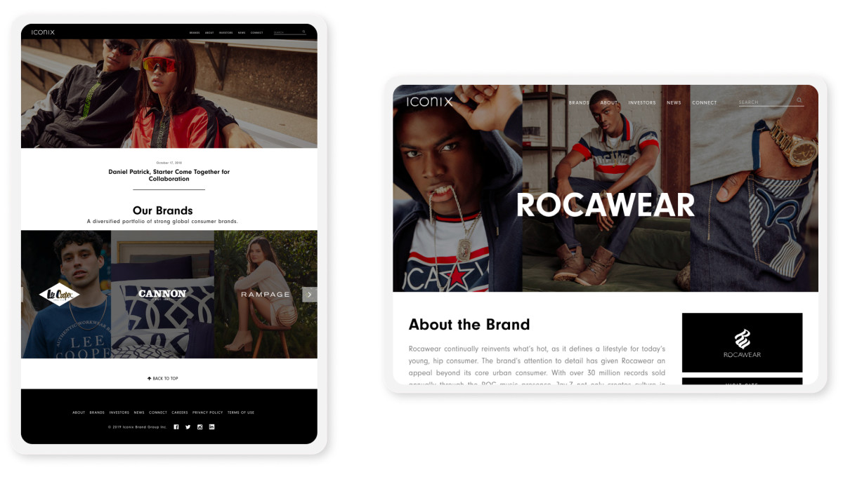 iconix website pages on tablets in portrait and landscape mode