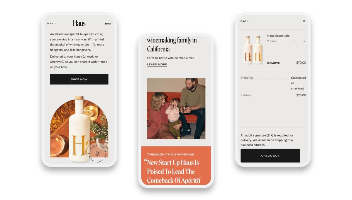 haus shopify website pages on three smartphones