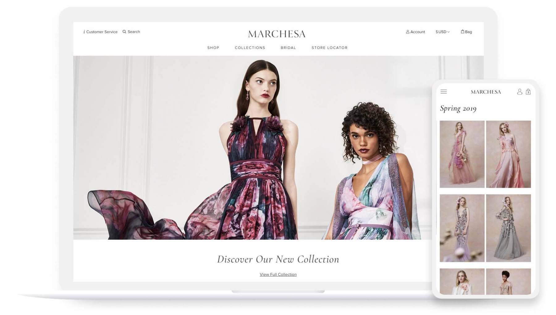 marchesa website homepage and look book mobile and desktop pages