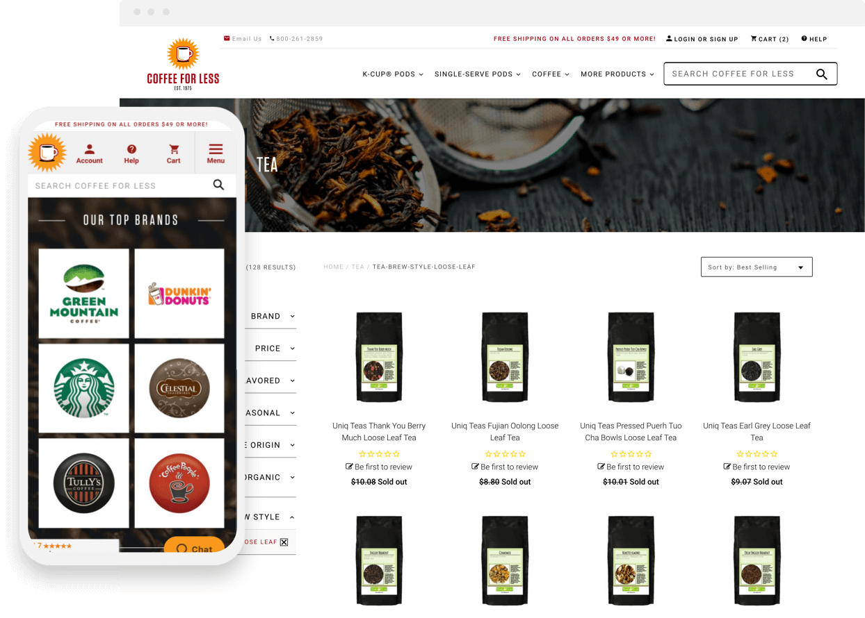 coffee for less website pages on desktop and mobile devices