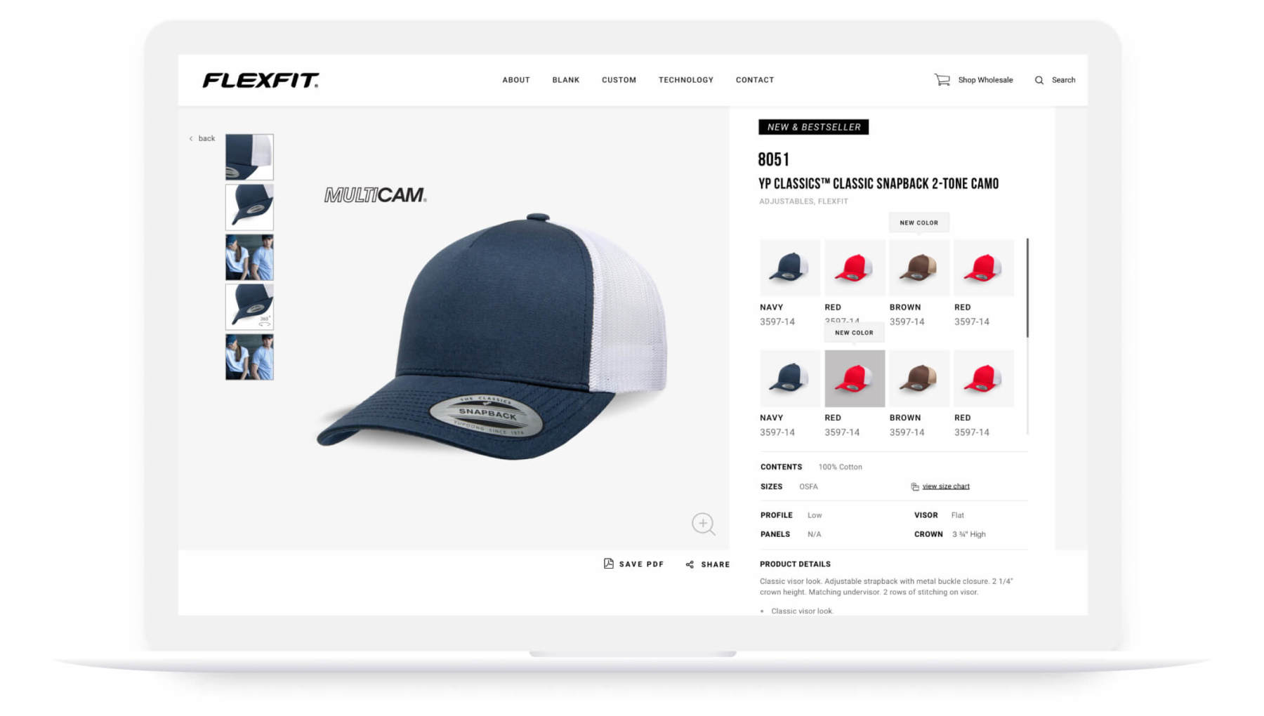 flexfit website classic snapback product page on laptop screen