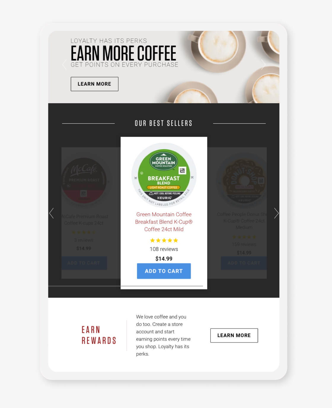 quick add product feature on coffee for less website on tablet