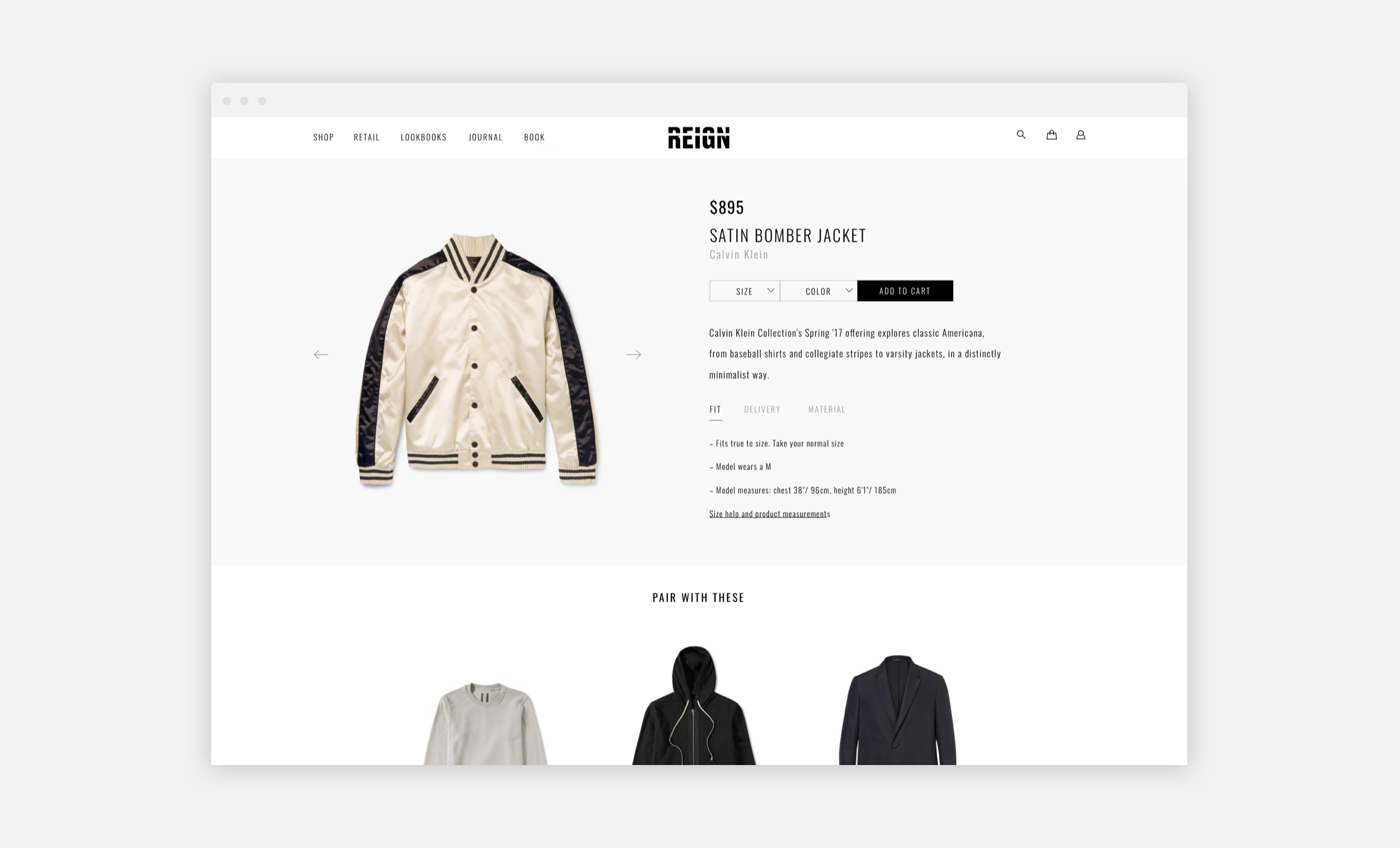 reign website satin bomber jacket product page