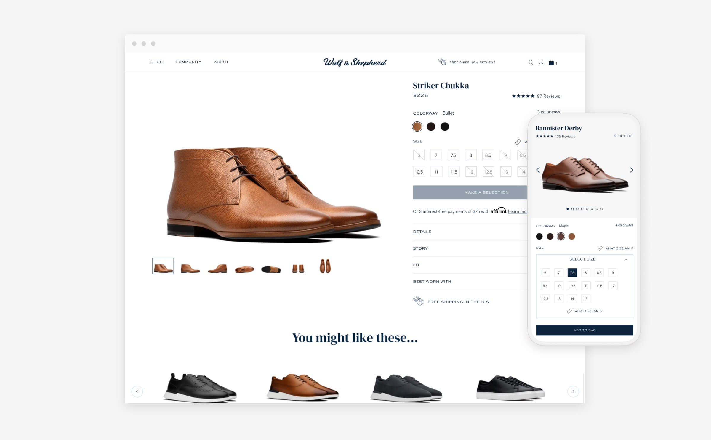 Desktop view of Striker Chukka dress shoes PDP and Mobile view of Bannister Derby dress shoes PDP 