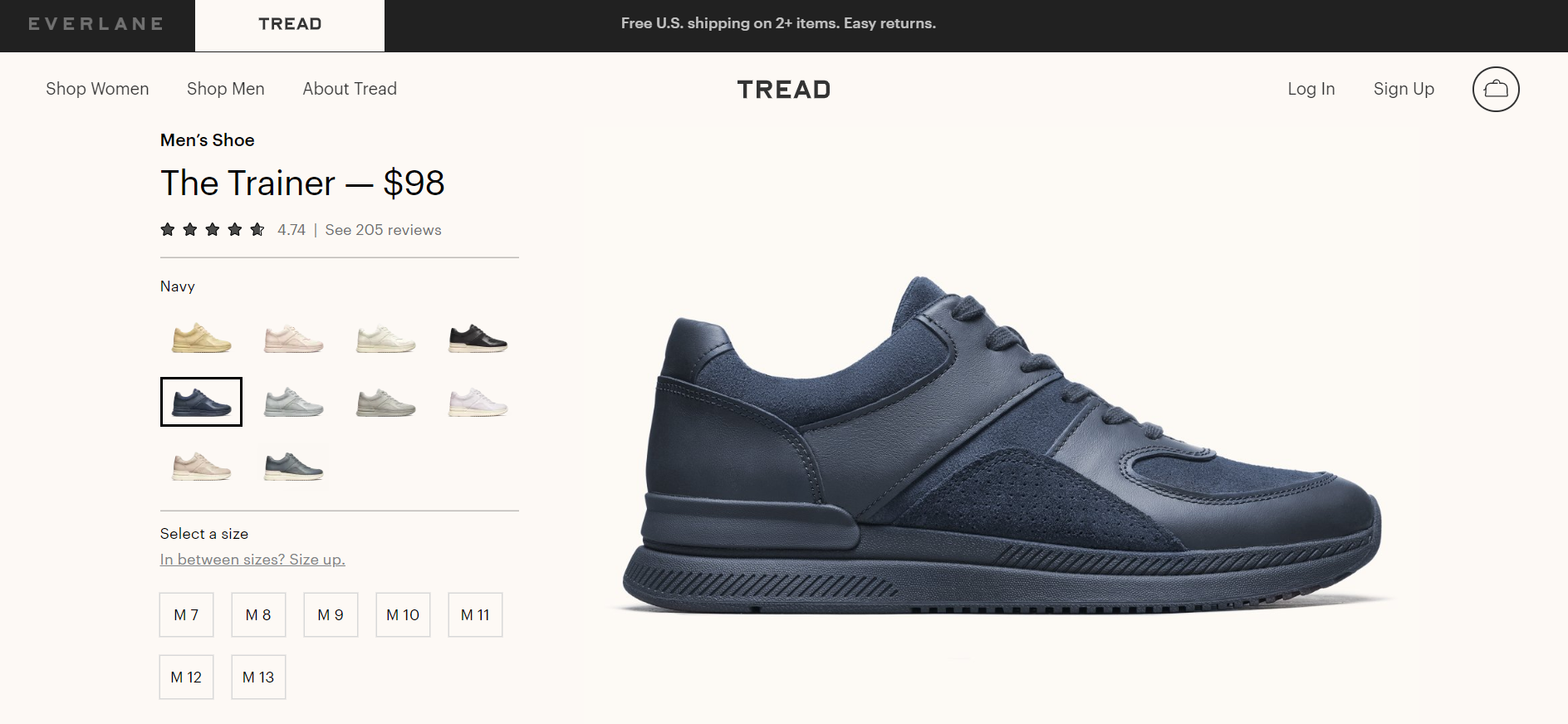 Everlane website with dark navy blue tread sneakers