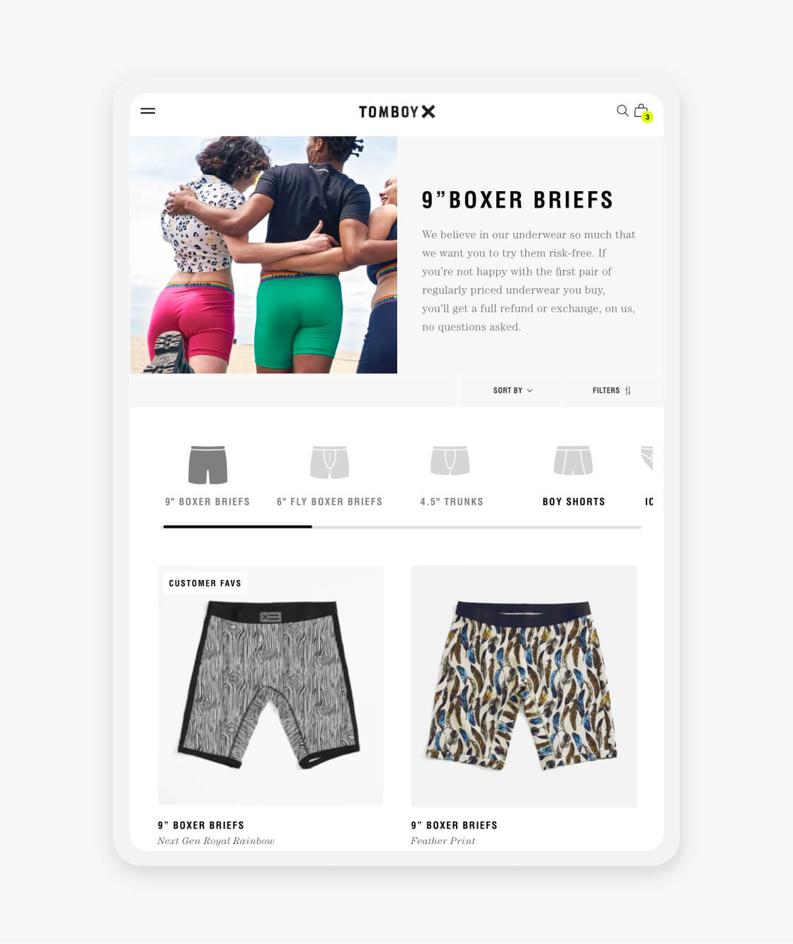 tomboy x website product collection page on a tablet