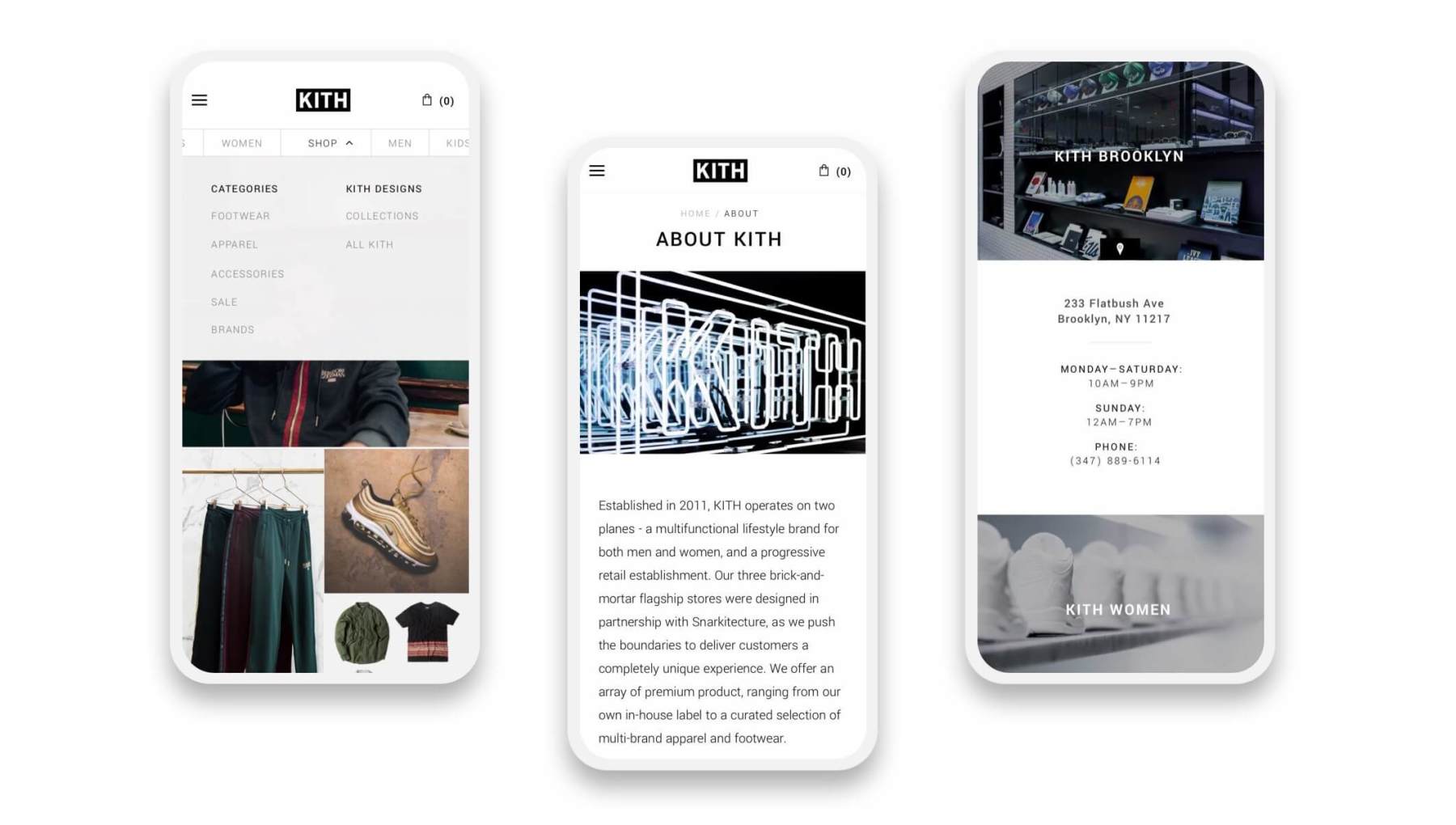 kith shopify mobile website pages on three smartphones