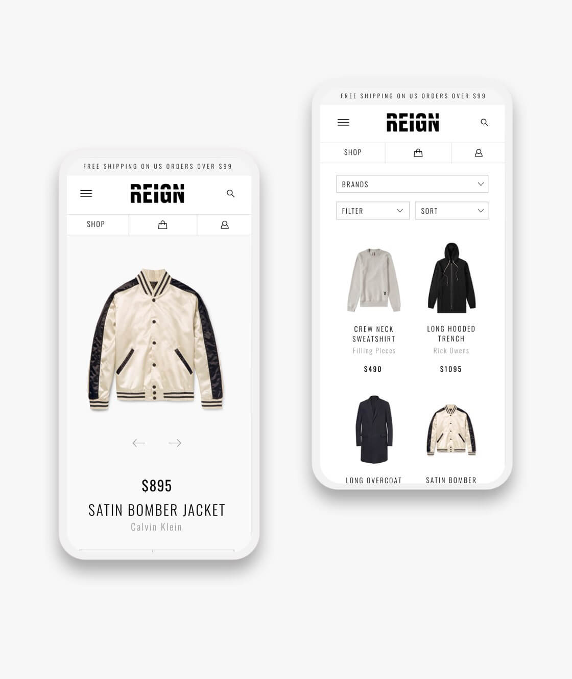 reign website collection and product pages on mobile