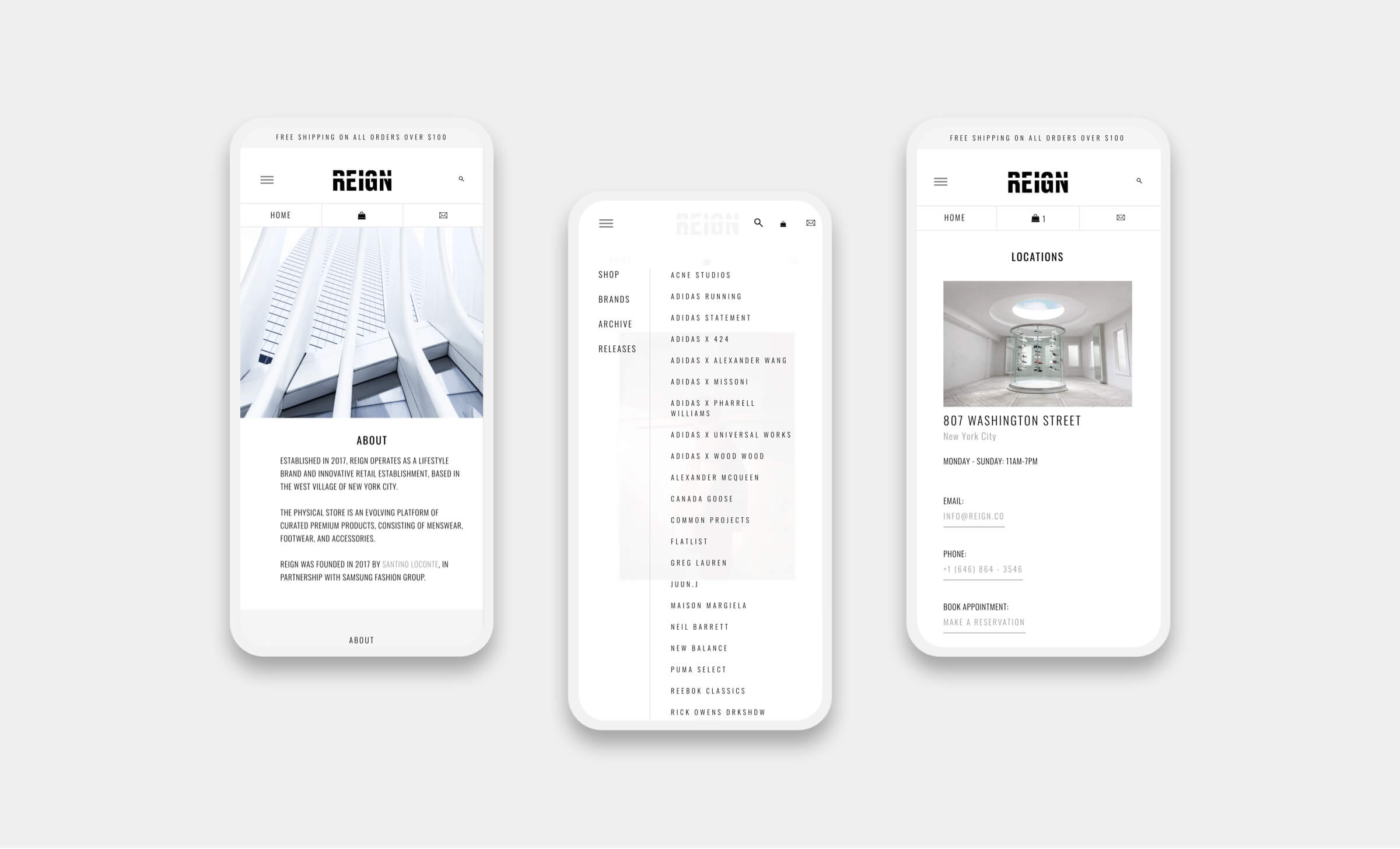 reign website responsive pages on three smartphones