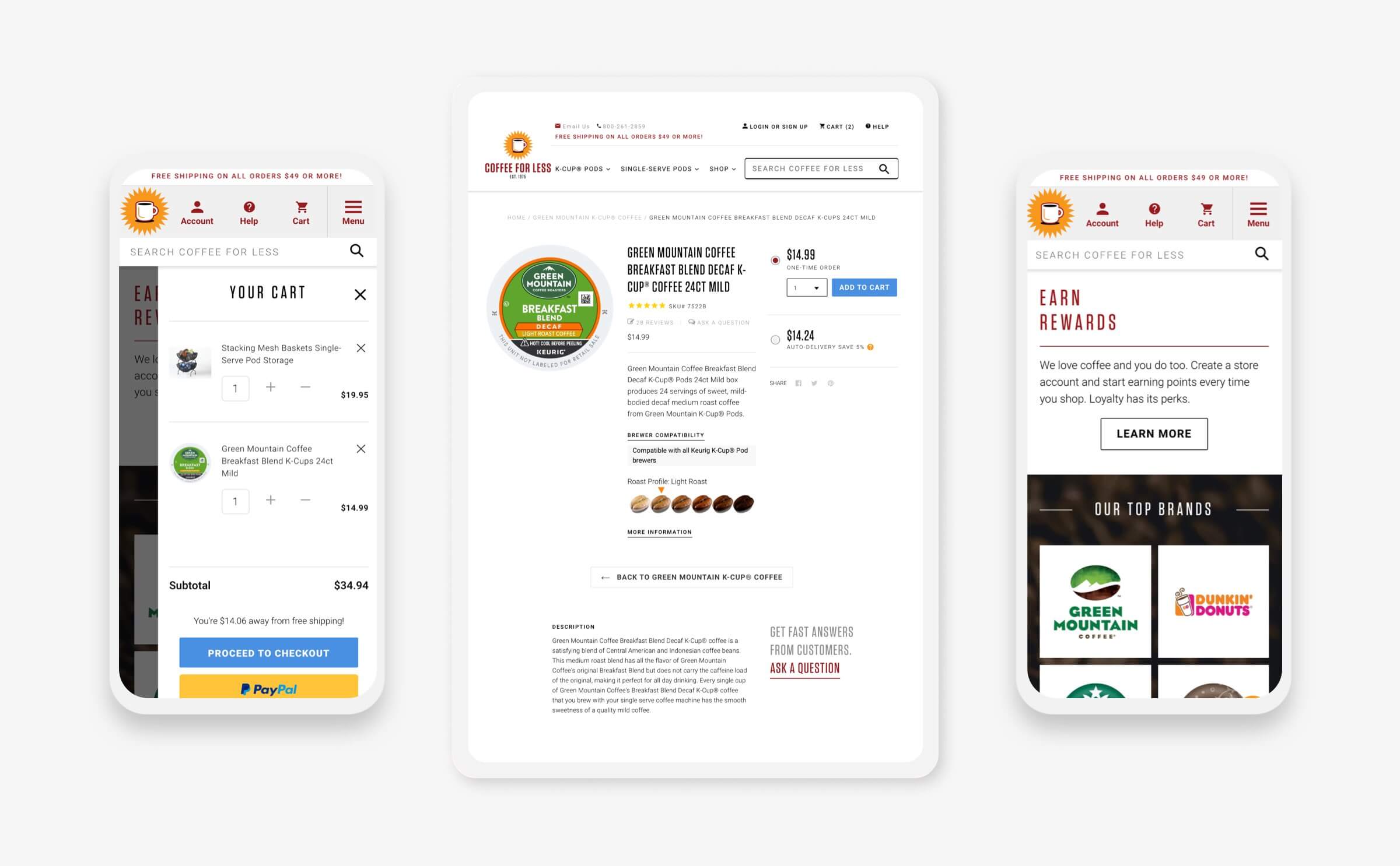 coffee for less website cart and product pages on mobile and tablet