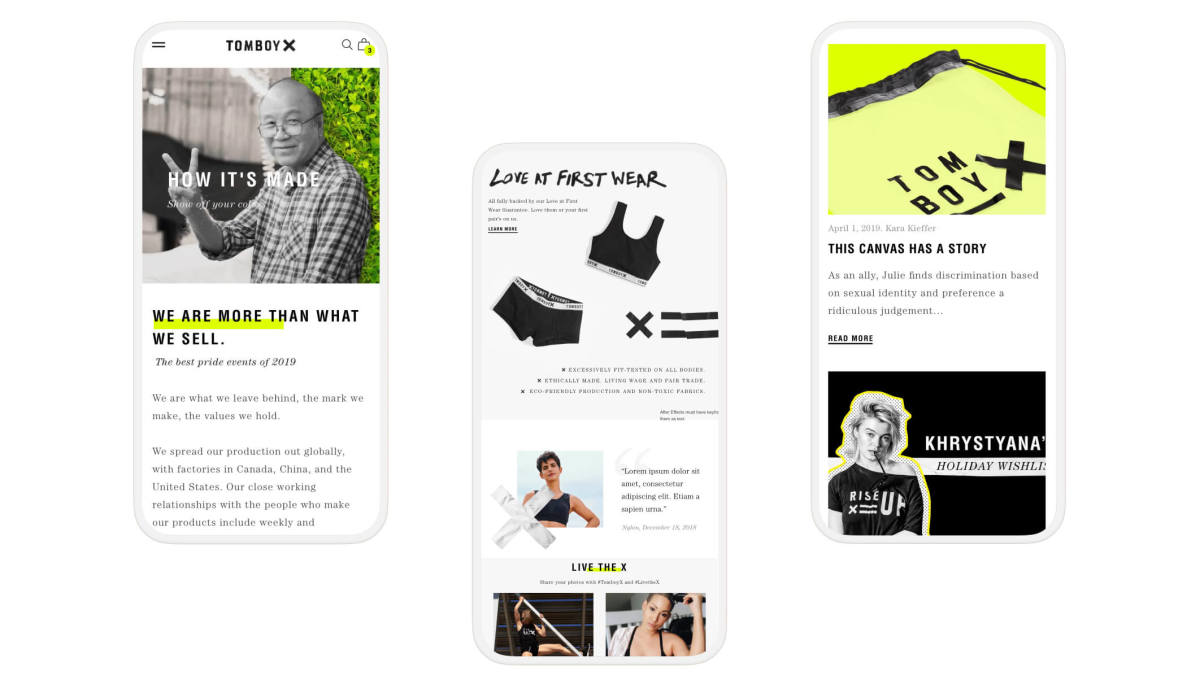 tomboy x shopify pages on three mobile phones