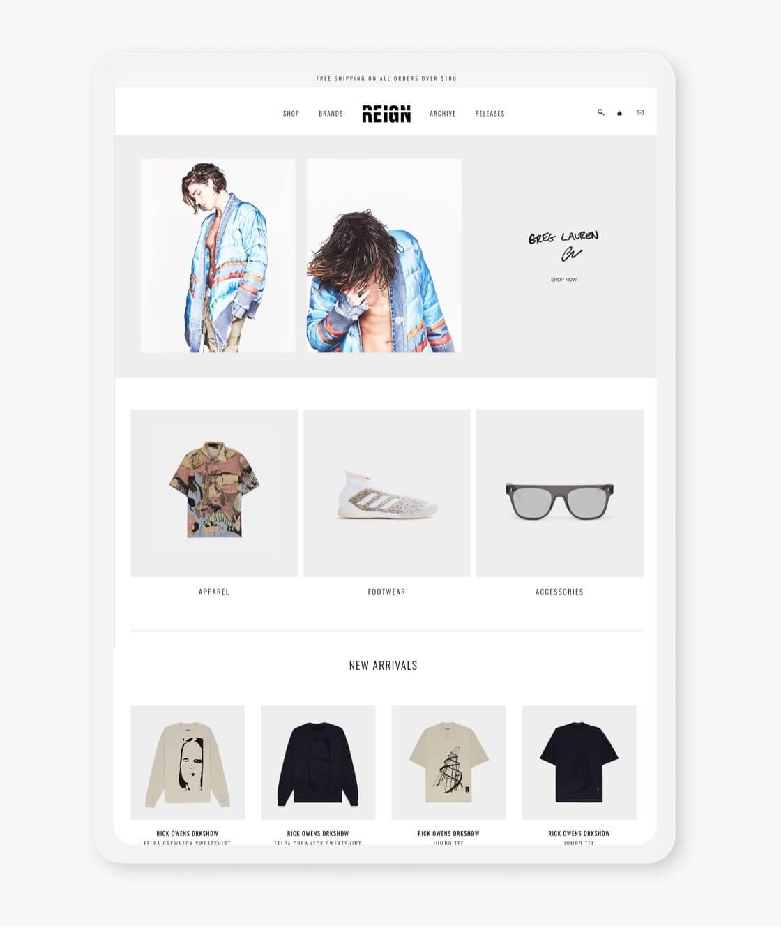 reign website product collection page on tablet