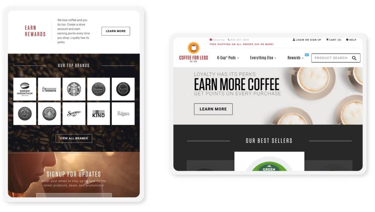 coffee for less website pages on tablets in portrait and landscape modes