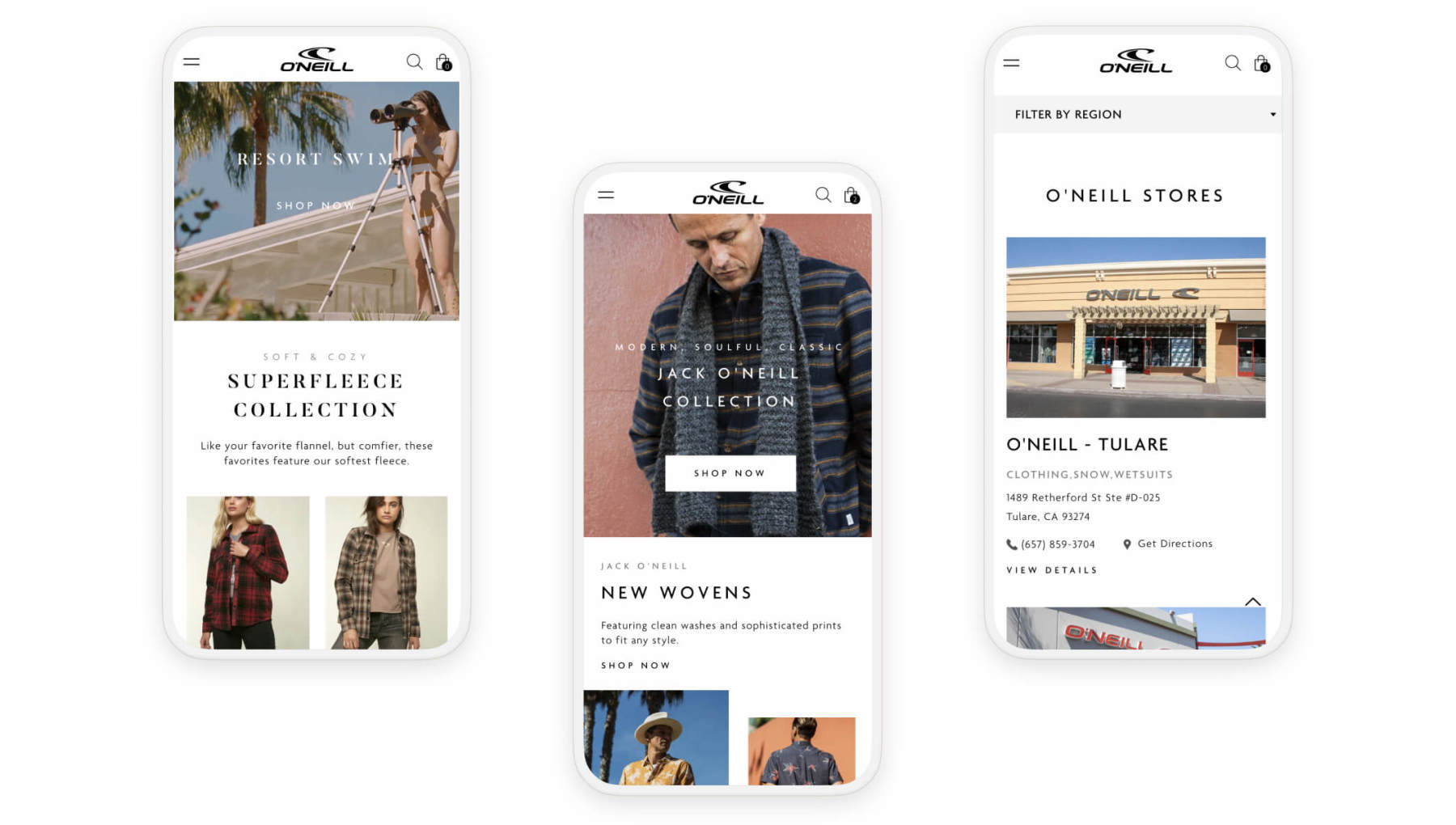 oneill shopify website pages on three mobile phones