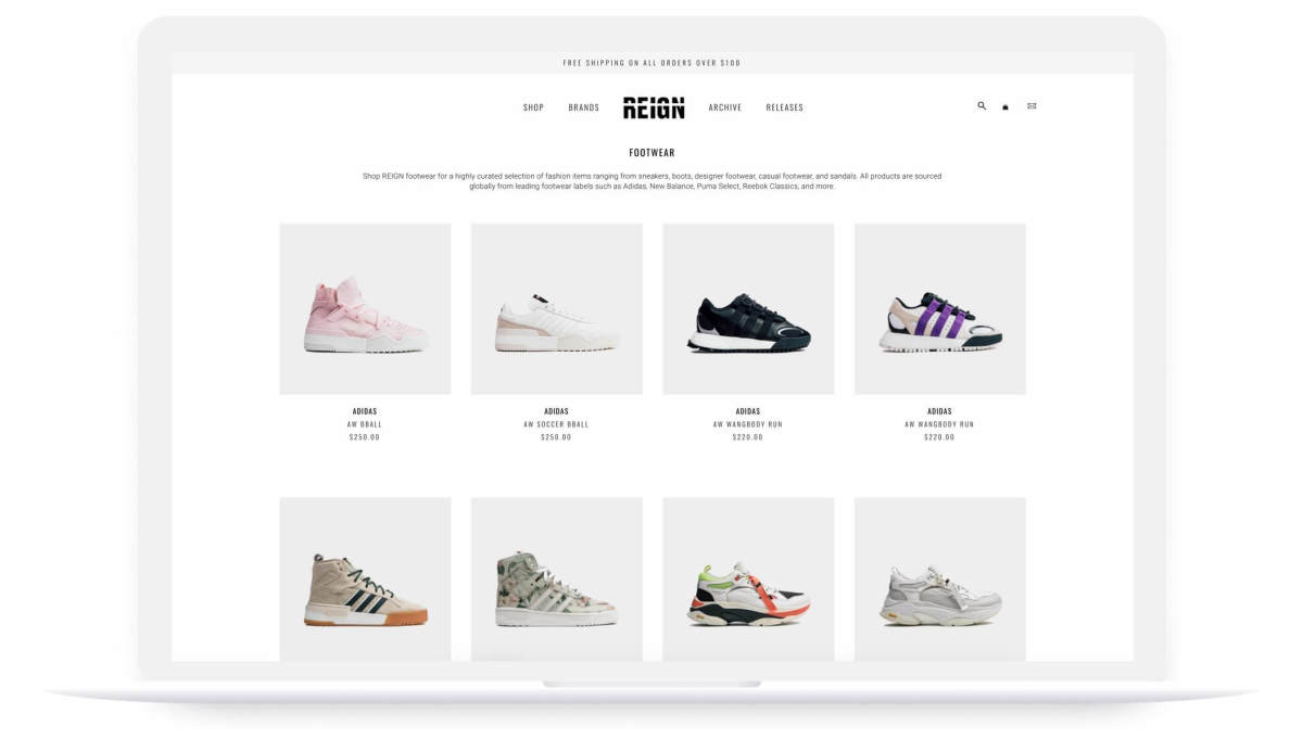 reign shopify website footwear collection on laptop screen
