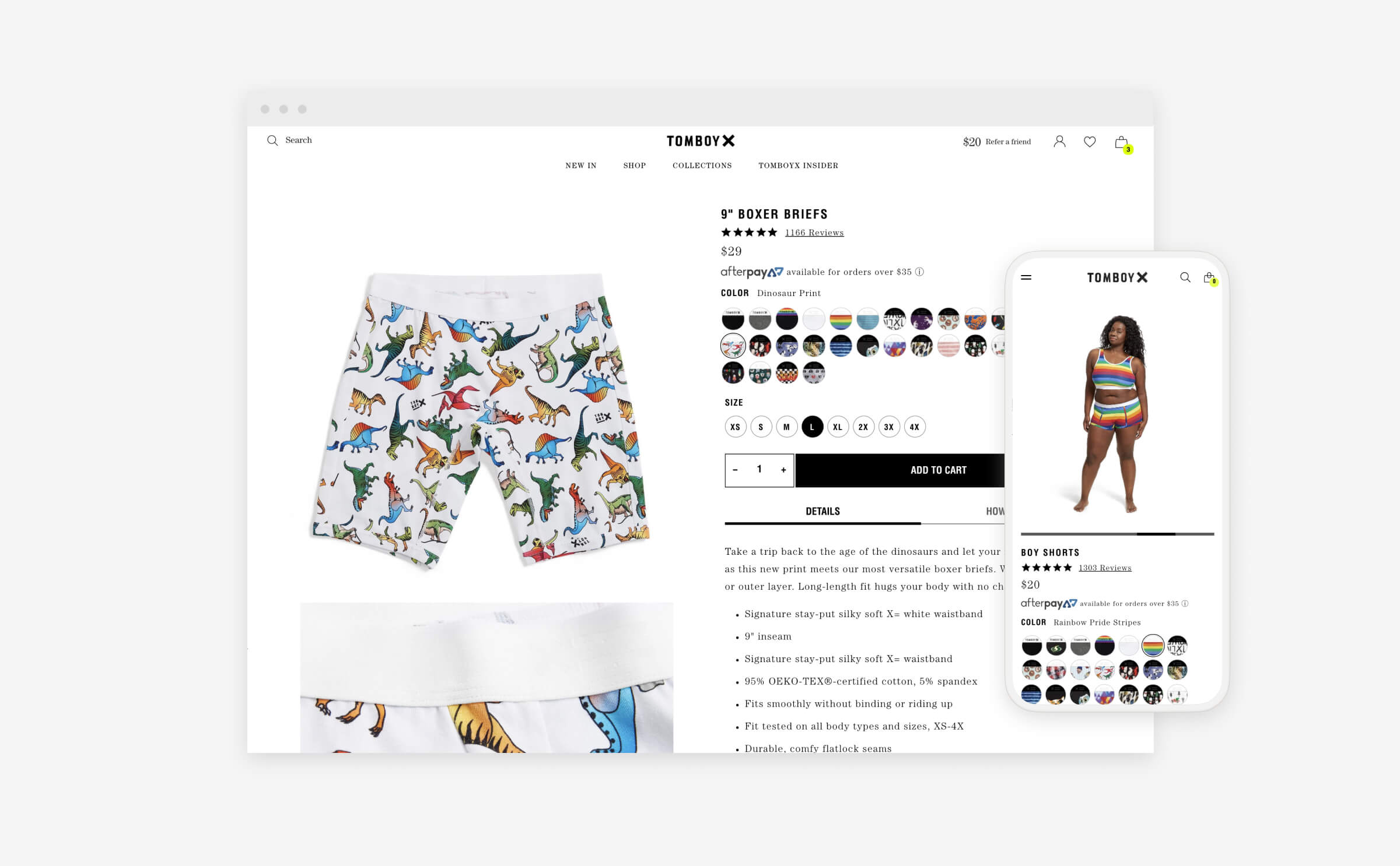 tomboy x website product pages on desktop and mobile devices