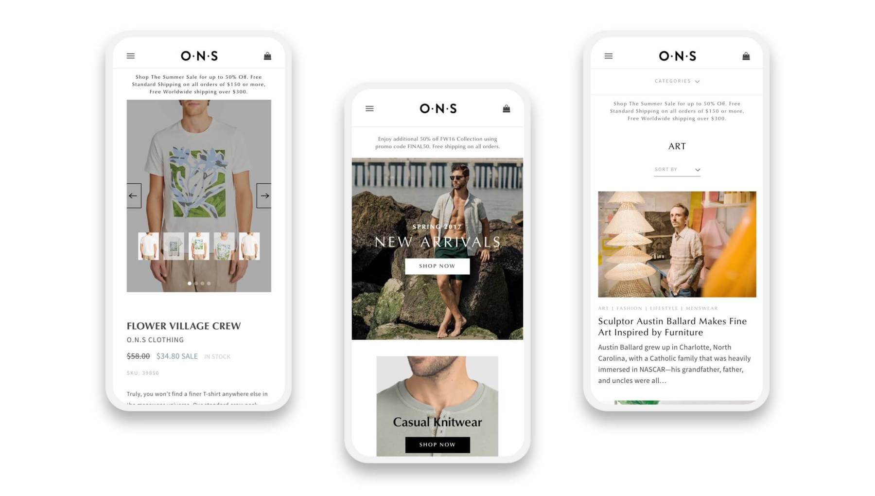 o n s shopify pages on three smartphones