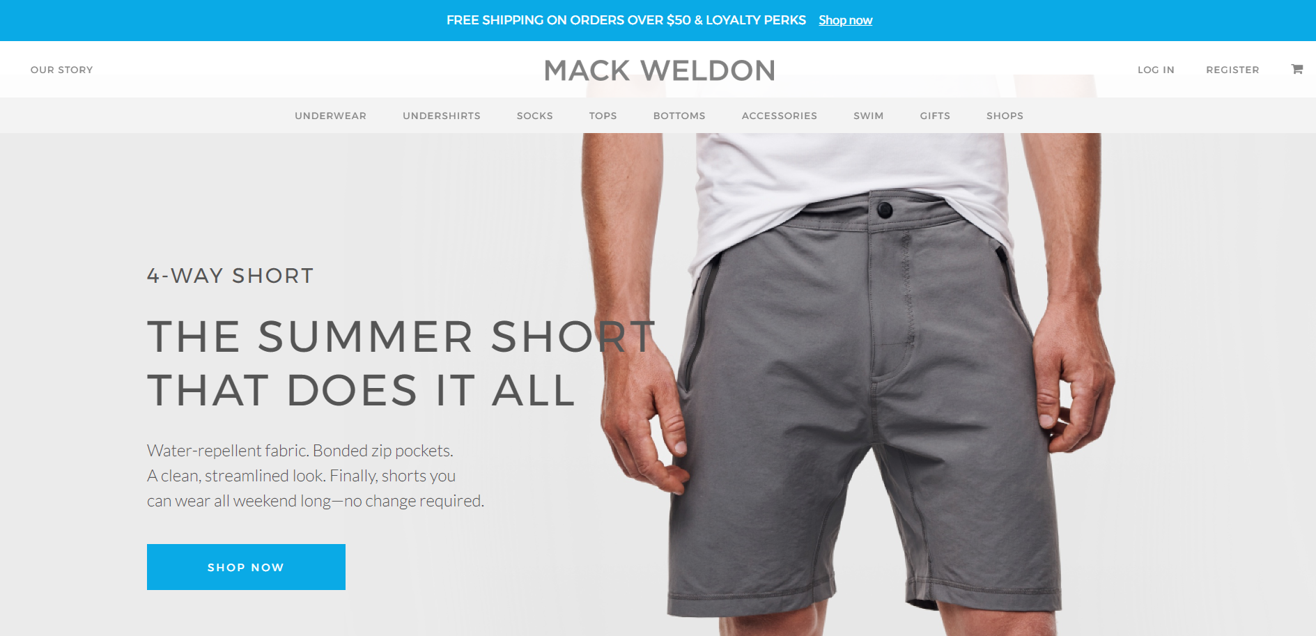 Mack Weldon website view of homepage man wearing shorts