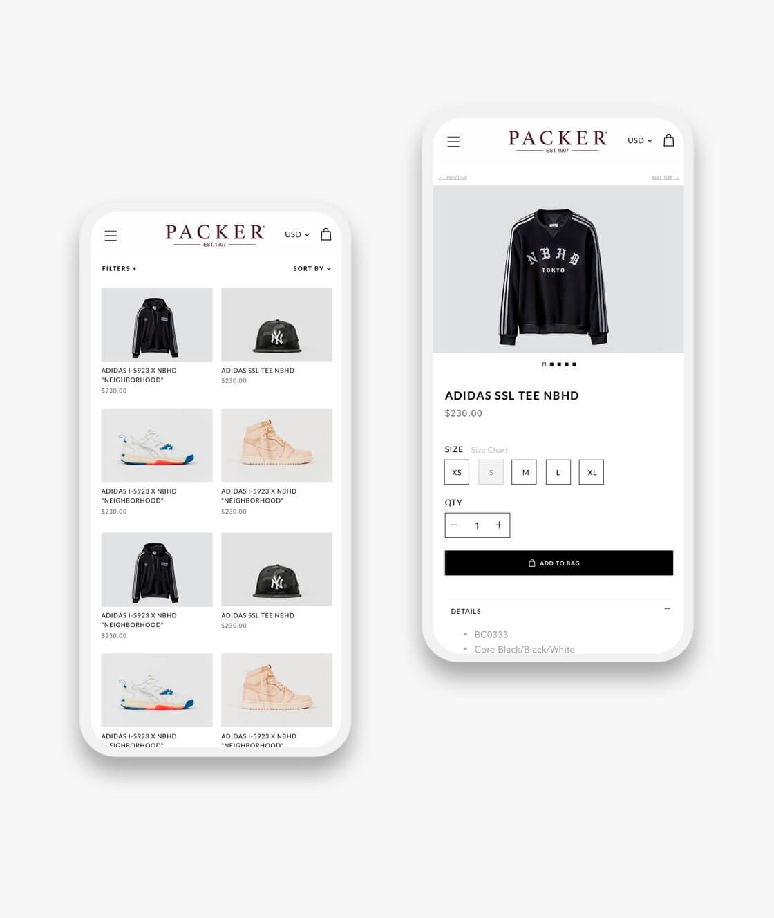 packer website product and collection pages on smartphones
