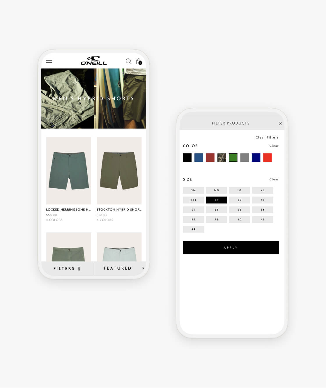 oneill shopify product collection and collection filter on two mobile phones