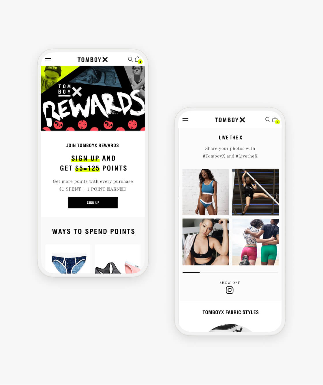tomboy x rewards program pages on mobile