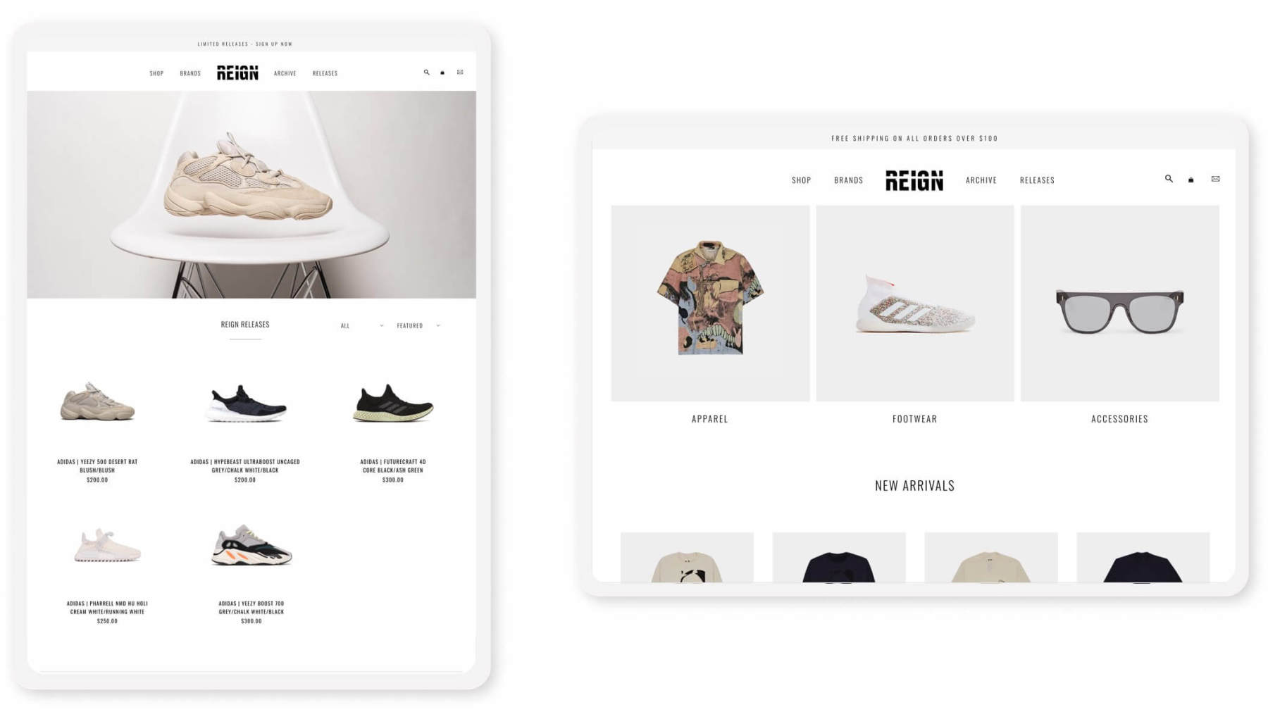 reign shopify website collection pages on tablets in portrait and landscape modes