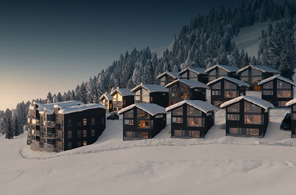 Stugor och lägenheter byggs i det nya projektet Kvitfjell Midtibakken i Norge.
