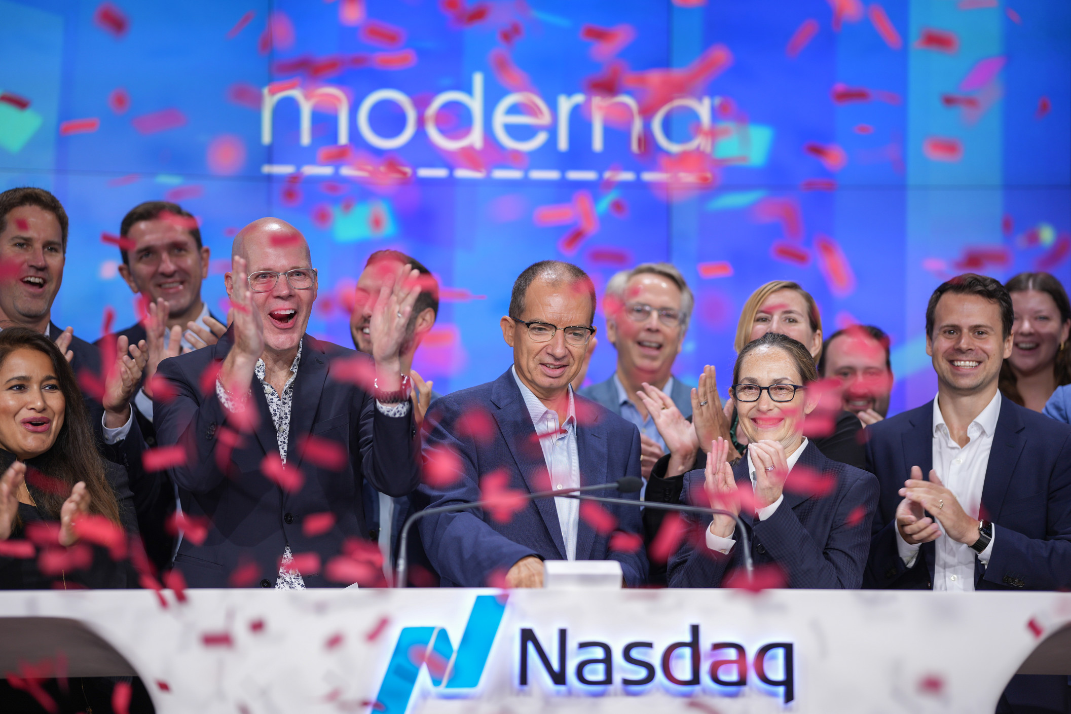 Confetti falling at Nasdaq while Moderna Leadership Cheers