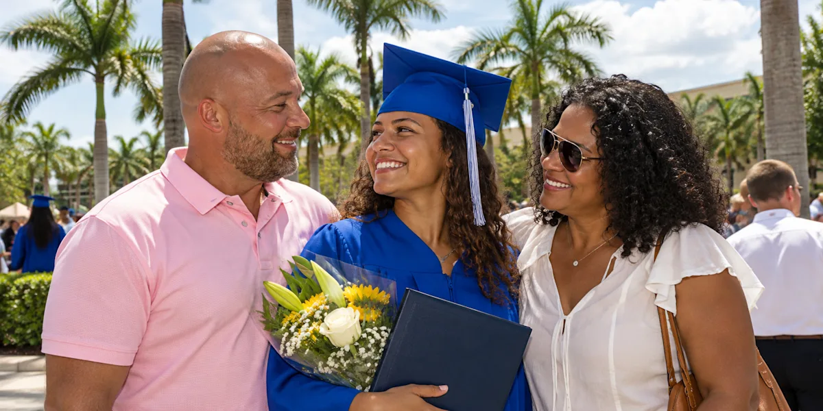 A graduate in a blue cap and gown smiles with her family.