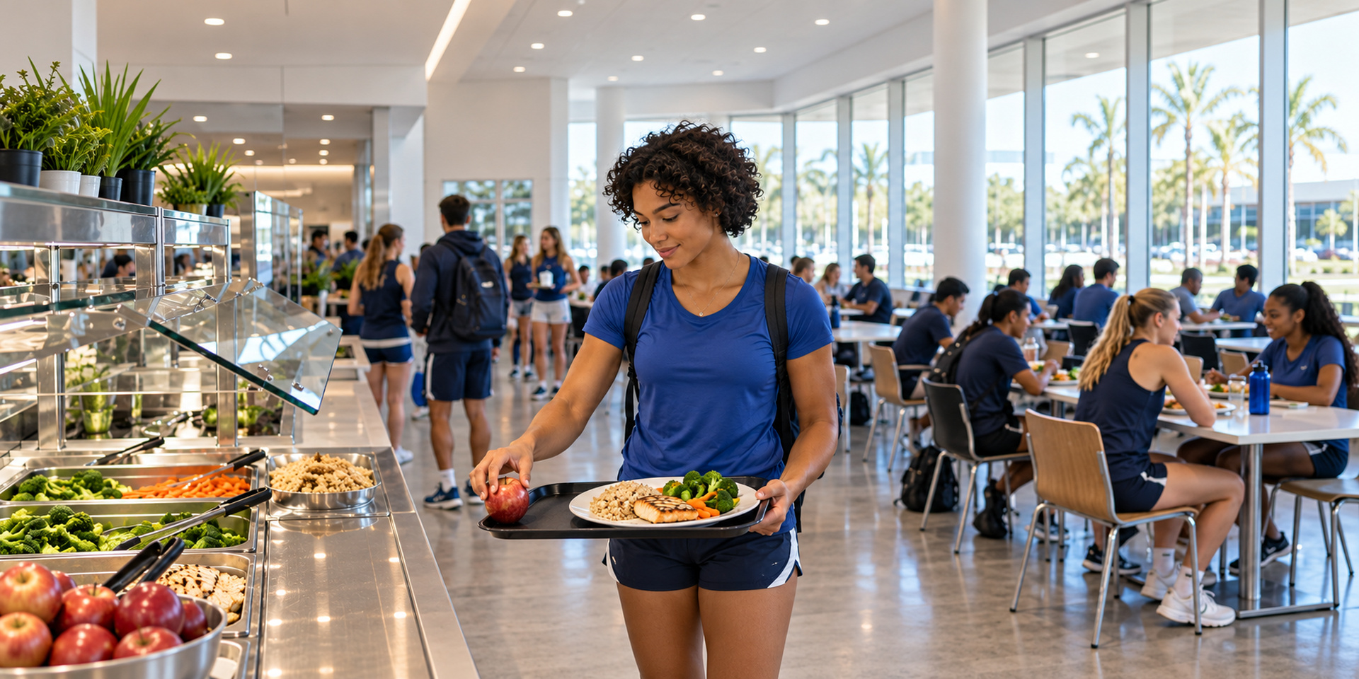A student-athlete selects healthy food at a dining-hall salad bar.