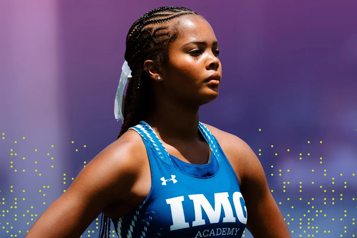 Focused female track athlete at IMG Academy with eyes closed, practicing mental visualization before a race.