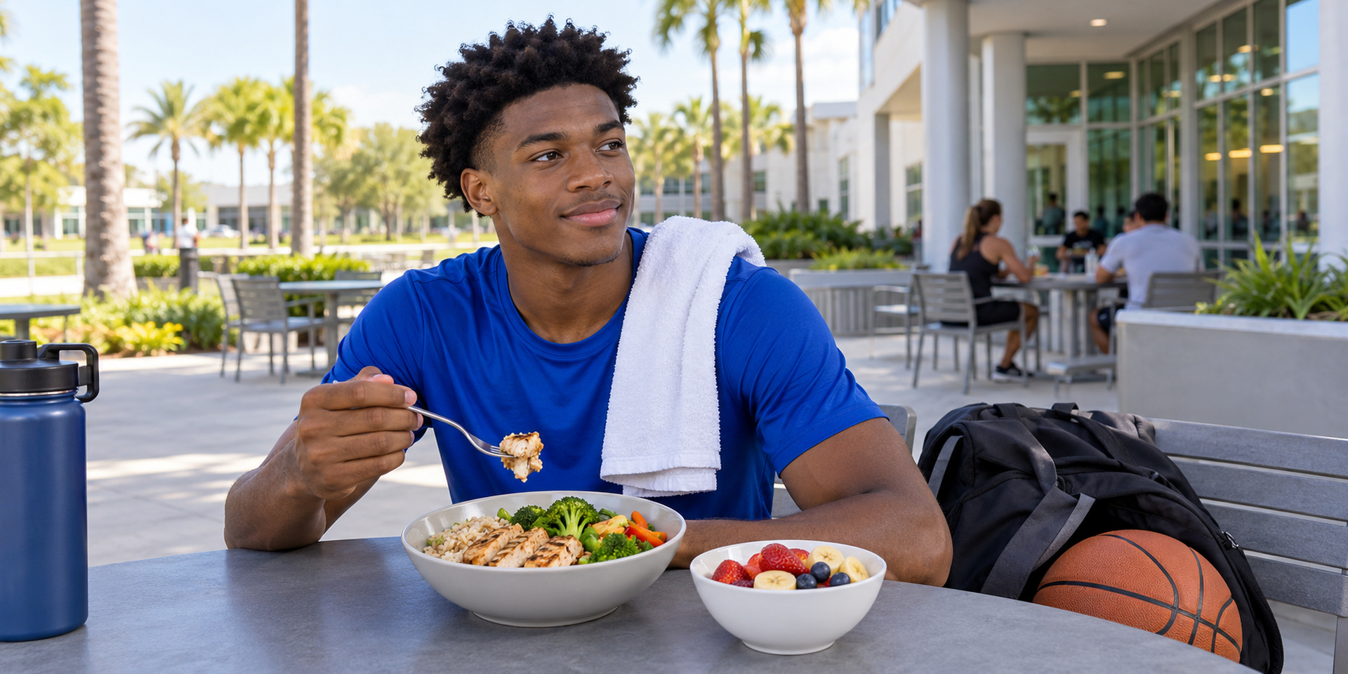 A student-athlete eats a balanced meal outdoors beside a basketball and sports bag.