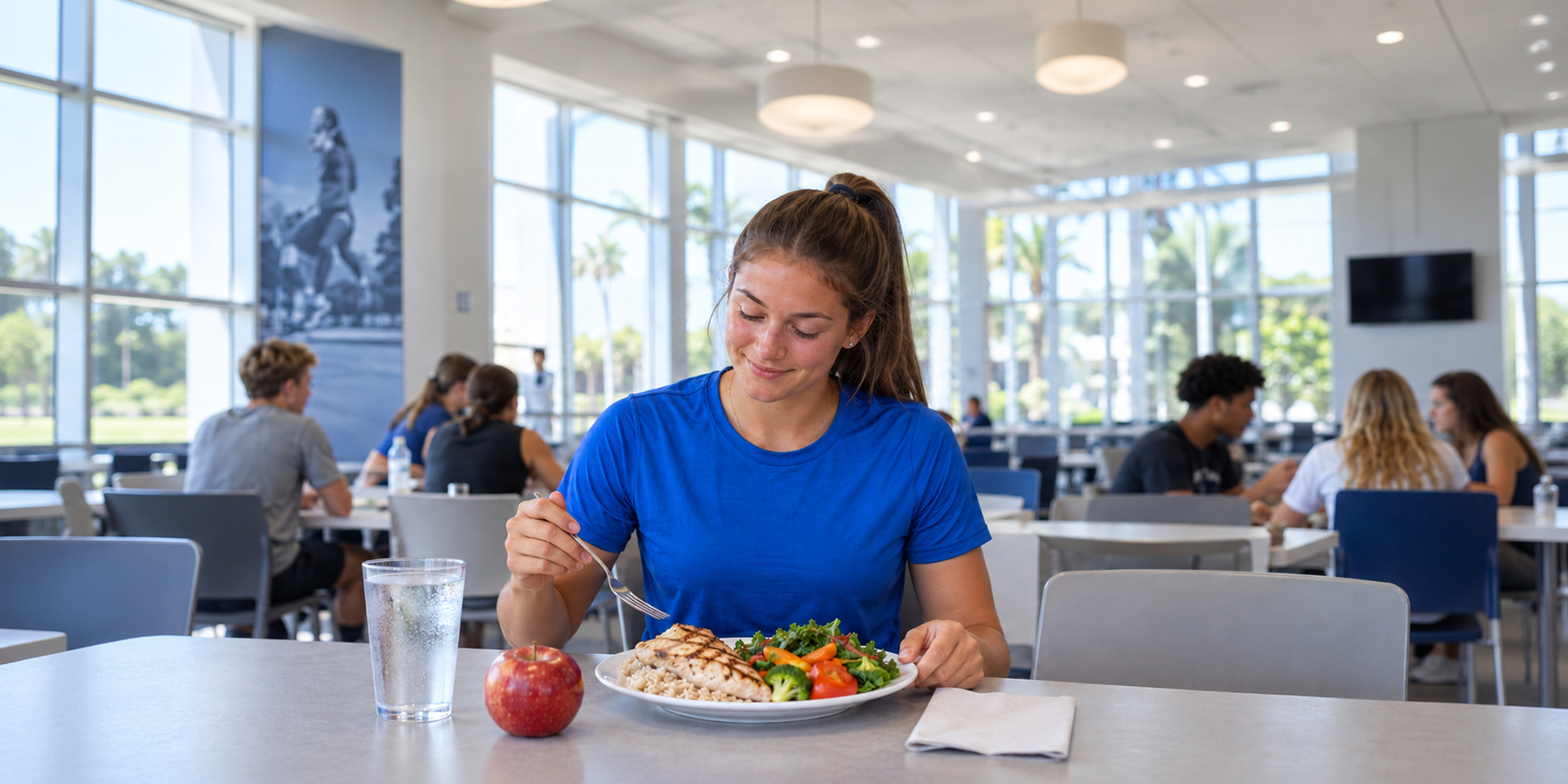 A student-athlete eats a plate of chicken, grains, and vegetables in a bright dining hall.