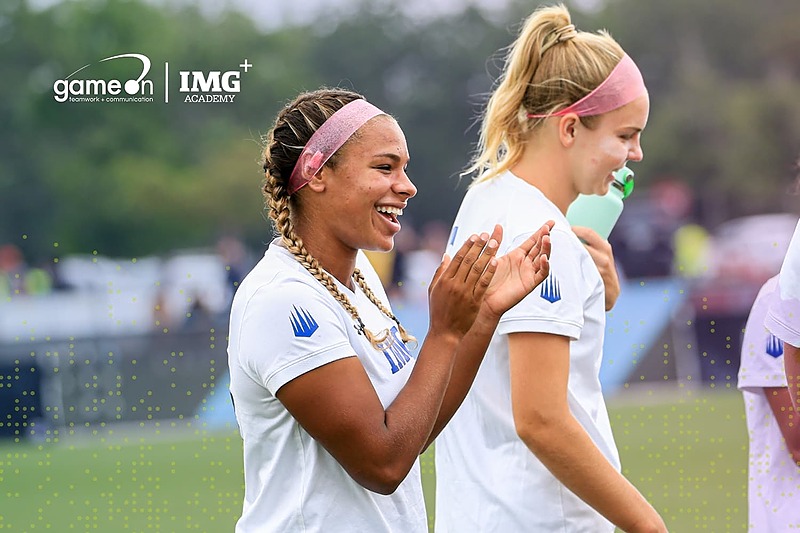 Game On and IMG Academy workshop graphic titled "Communicate Like a Champion," featuring student-athletes celebrating and competing.