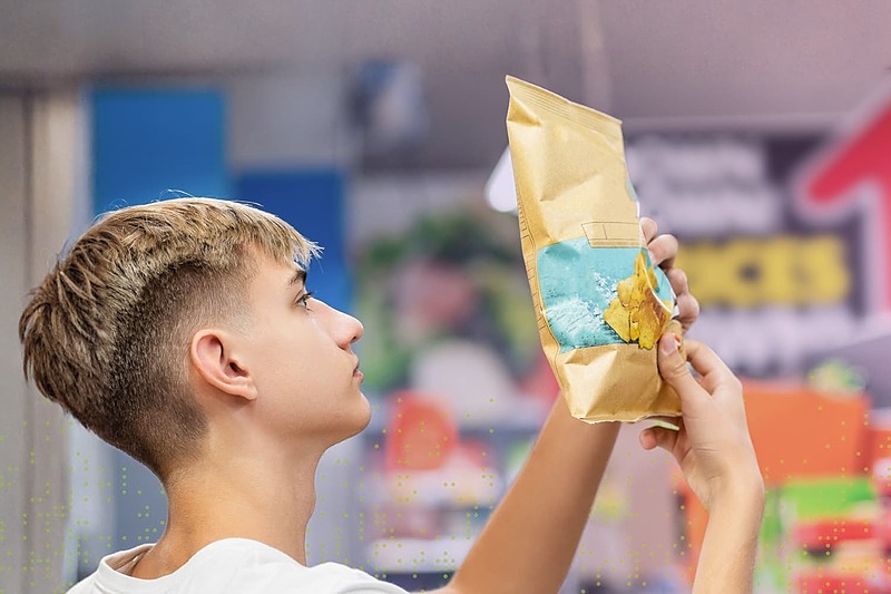 Young athlete standing in a store and reading the nutrition label on a packaged snack, highlighting mindful food choices and nutrition awareness.
