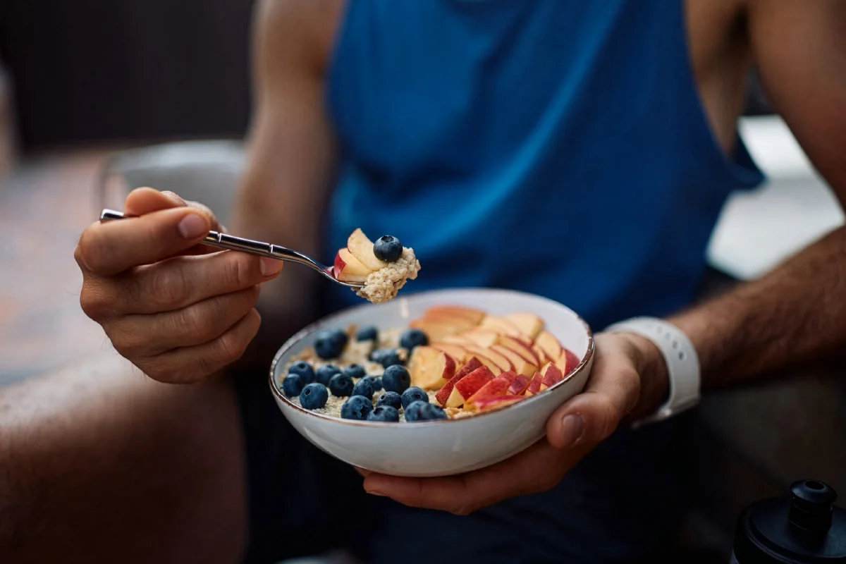 Athlete eating a nutritious bowl of mixed whole foods.