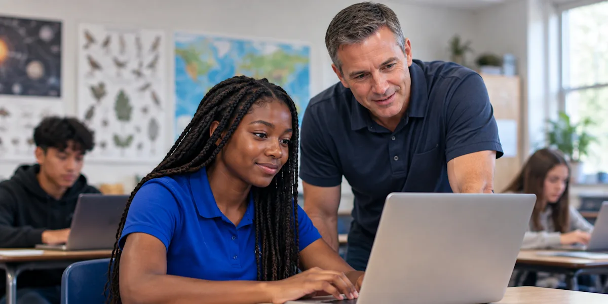A teacher leans beside a student using a laptop in a classroom.