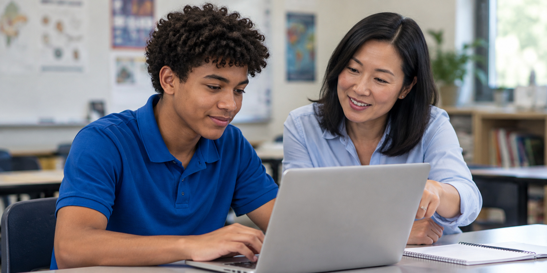 A student and a teacher look at a laptop together in a classroom.