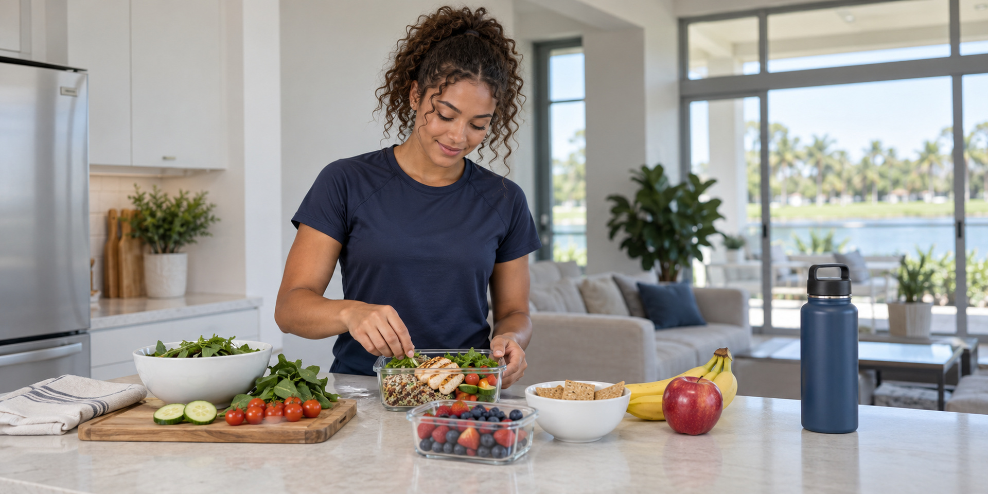 A student-athlete prepares vegetables and a balanced meal at a kitchen counter.