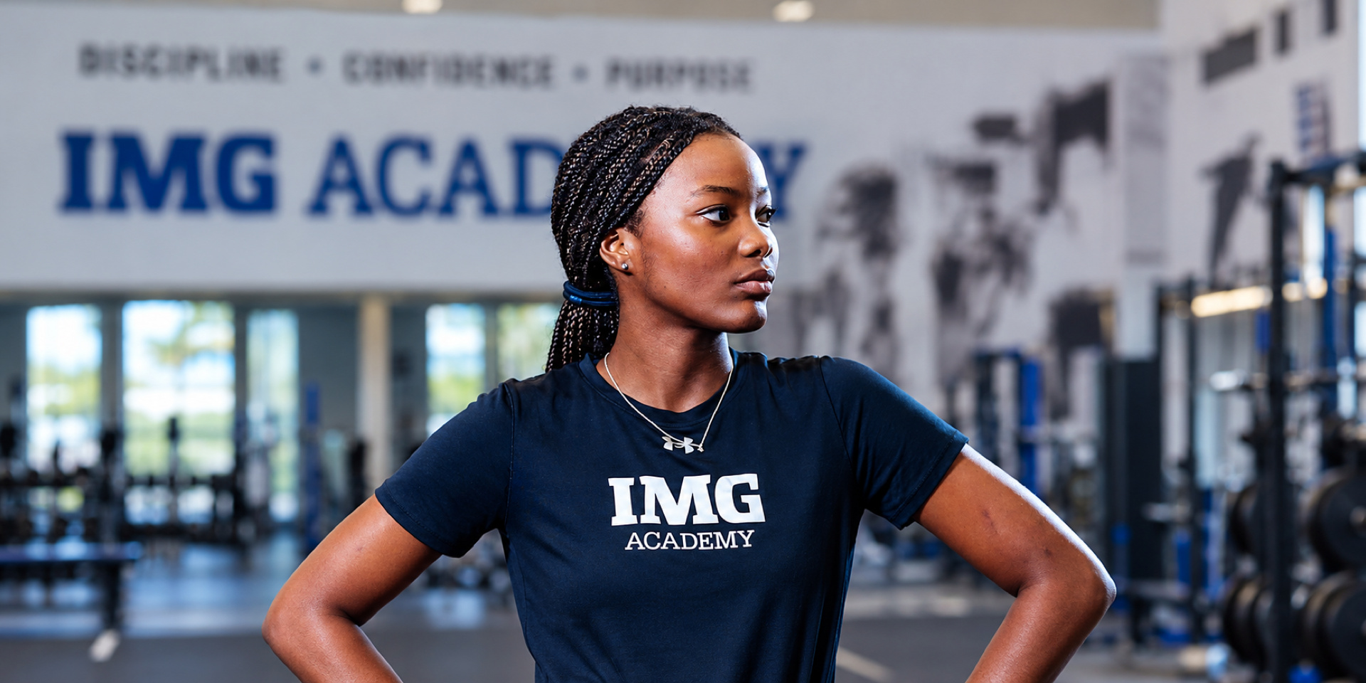 An athlete stands with her hands on her hips in a weight room.