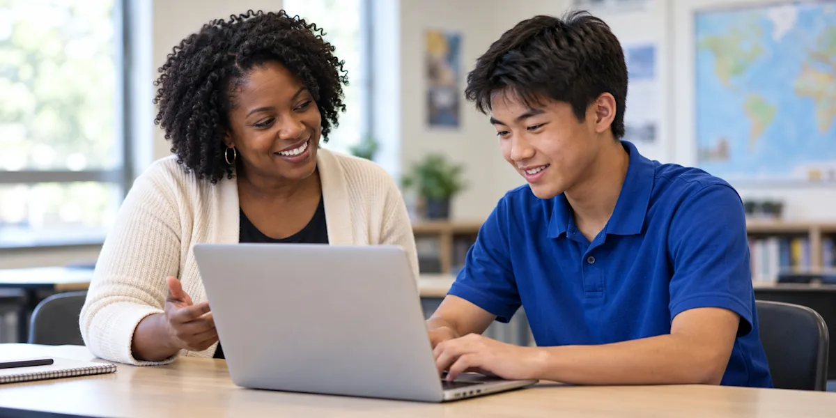A teacher and student smile while working together on a laptop.