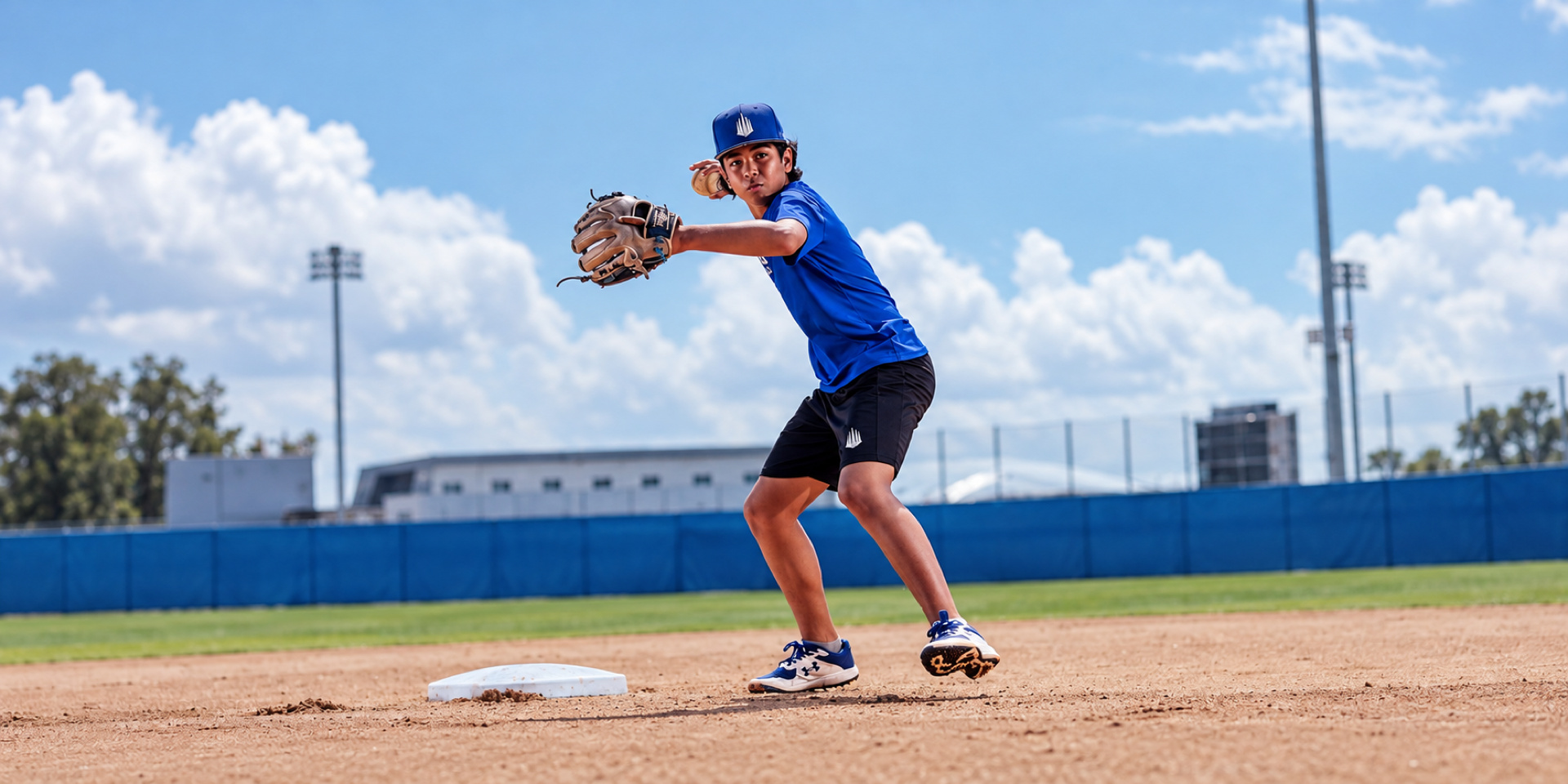 A baseball player reaches forward with his glove near a base on an outdoor field.