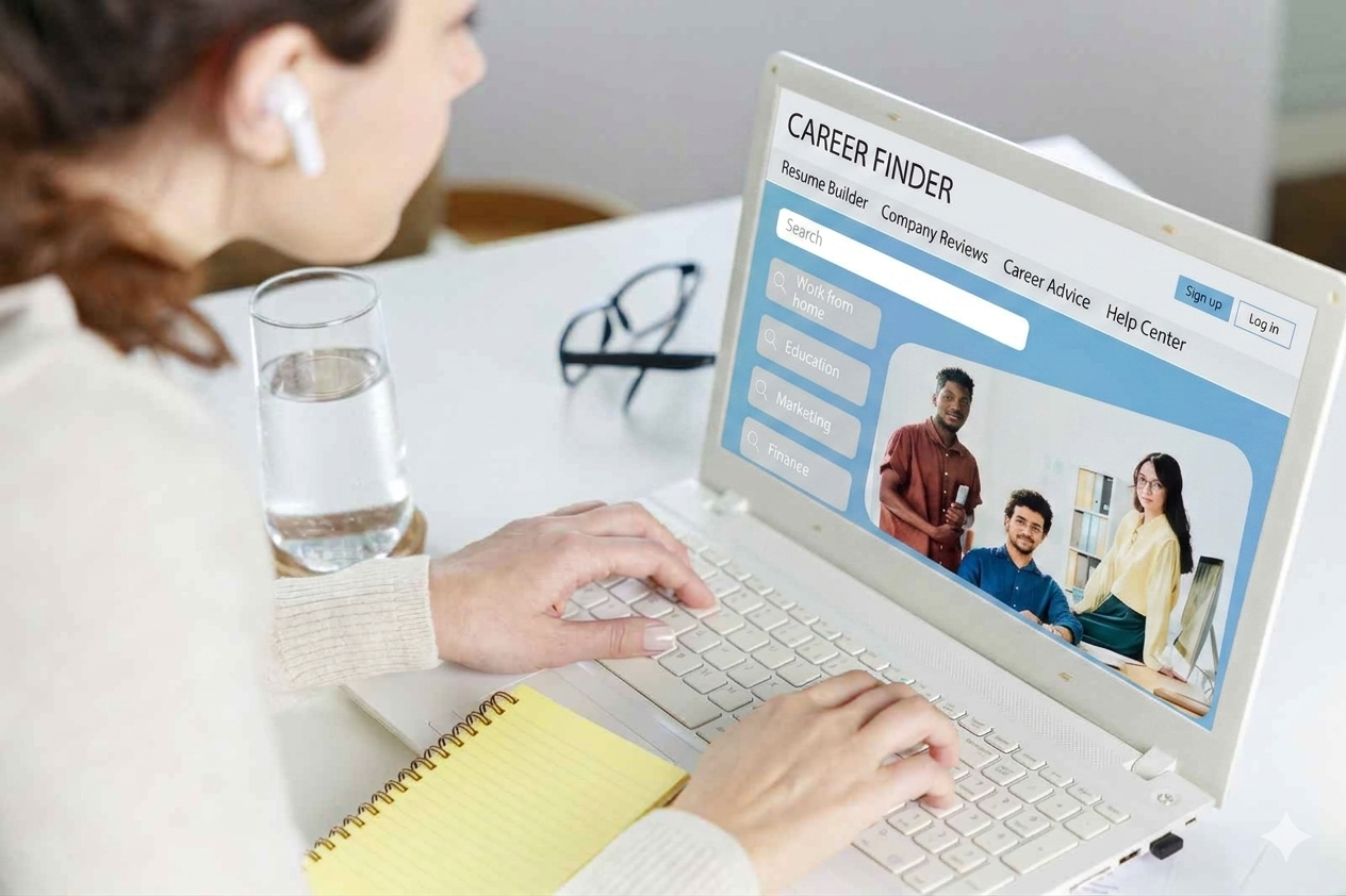 Female on laptop searching for jobs.