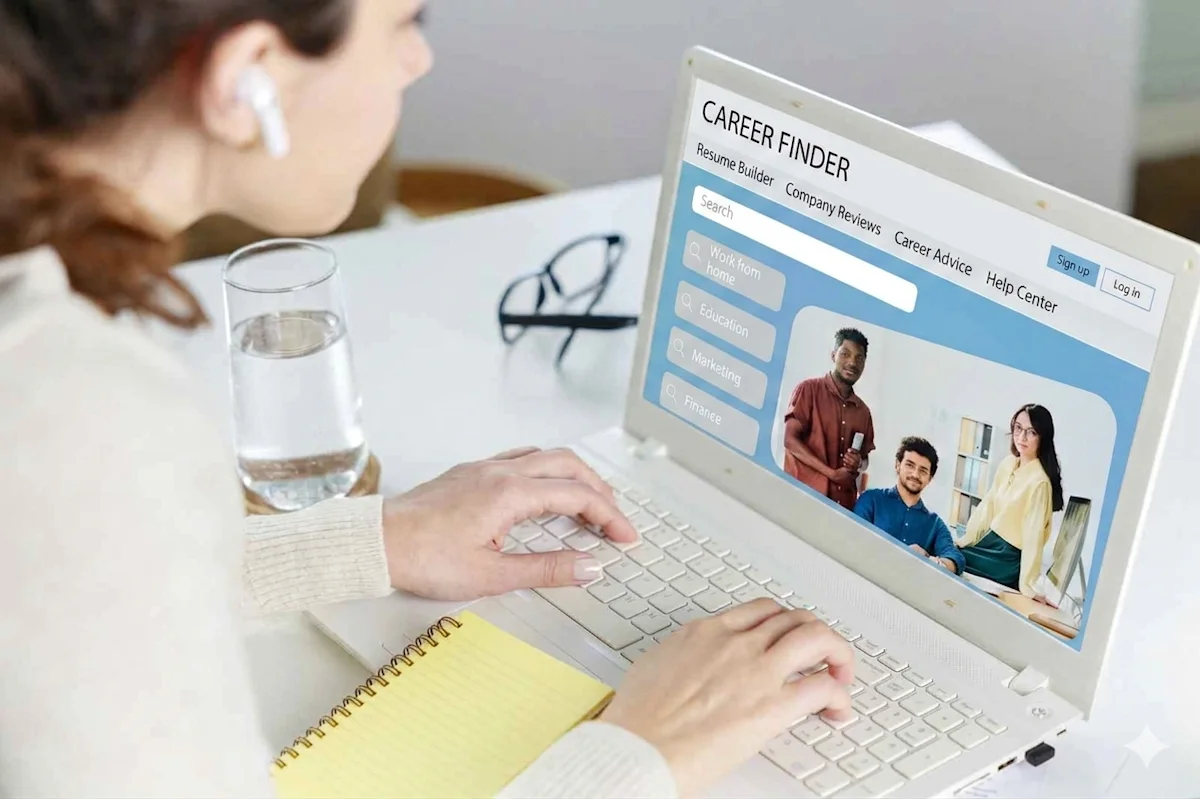 Female on laptop searching for jobs.