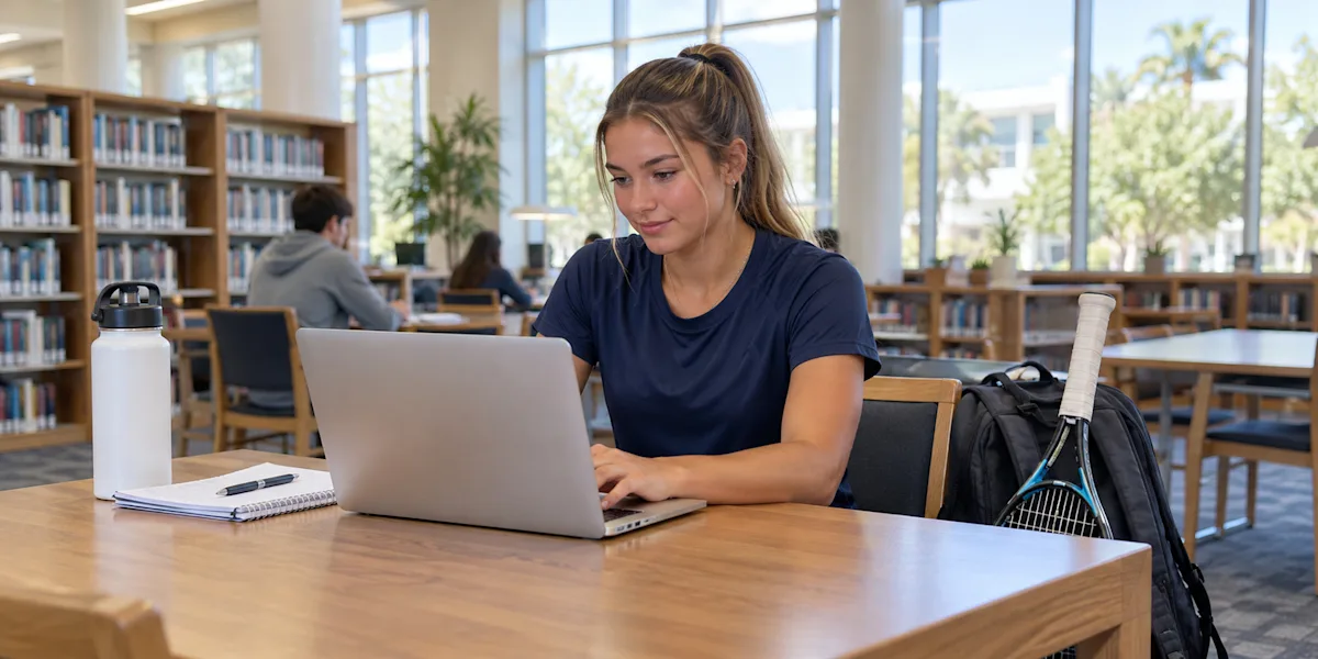 A student-athlete uses a laptop at a library table beside a backpack.
