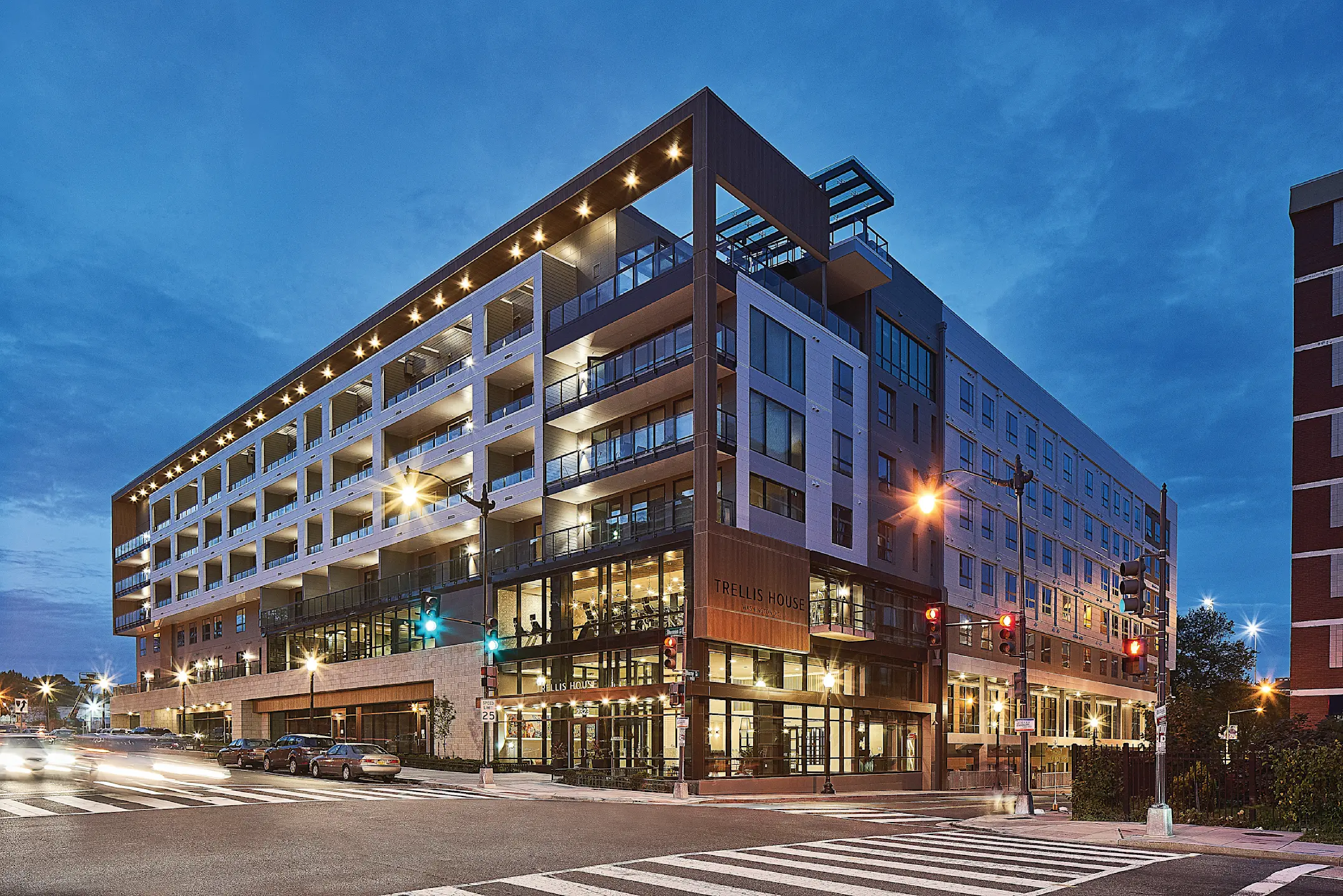 corner view of a multilevel apartment building