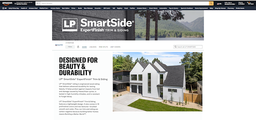 Image of the homepage of siding amazon storefront
