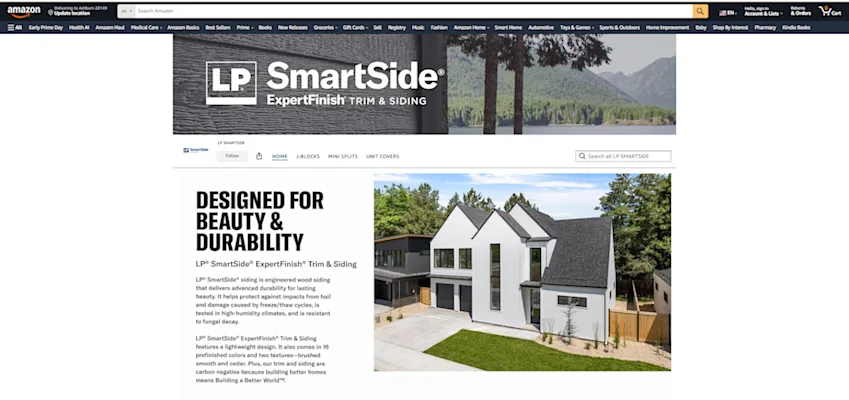 Image of the homepage of siding amazon storefront